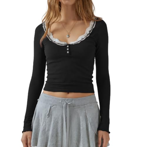 Amazon.com: AJELIFHL Women Y2K Fairy Grunge Lace Trim Ribbed Knit